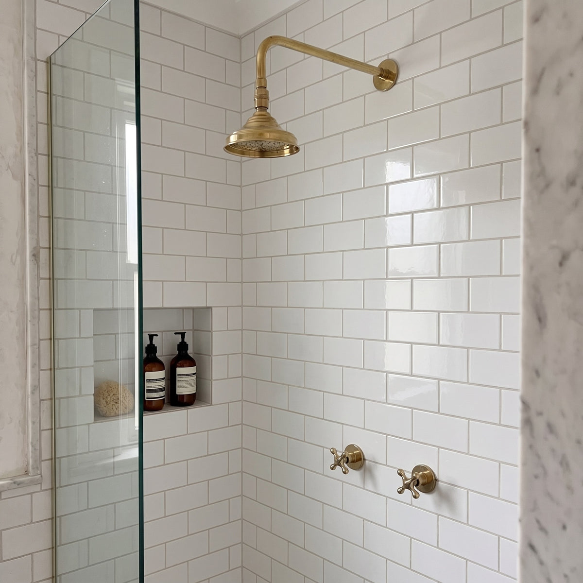Unlacquered Brass Adjustable 6" Round Rain Shower System, Straight Arm