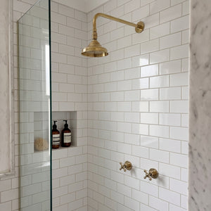 Unlacquered Brass Adjustable 6" Round Rain Shower System, Straight Arm