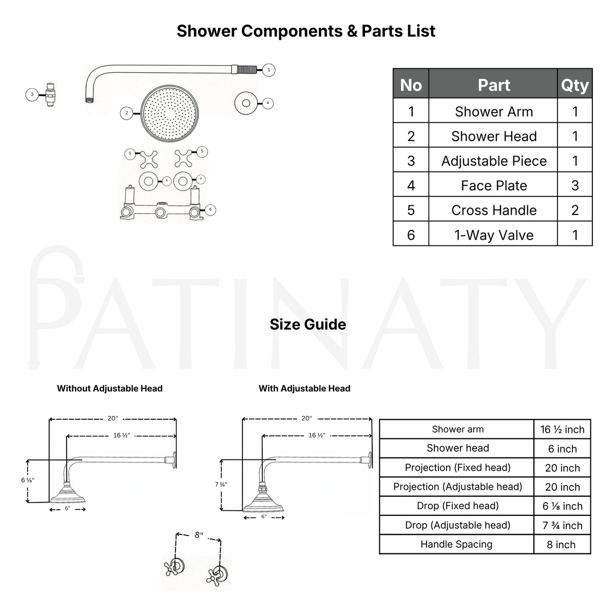 Unlacquered Brass Adjustable 6" Round Rain Shower System, Straight Arm