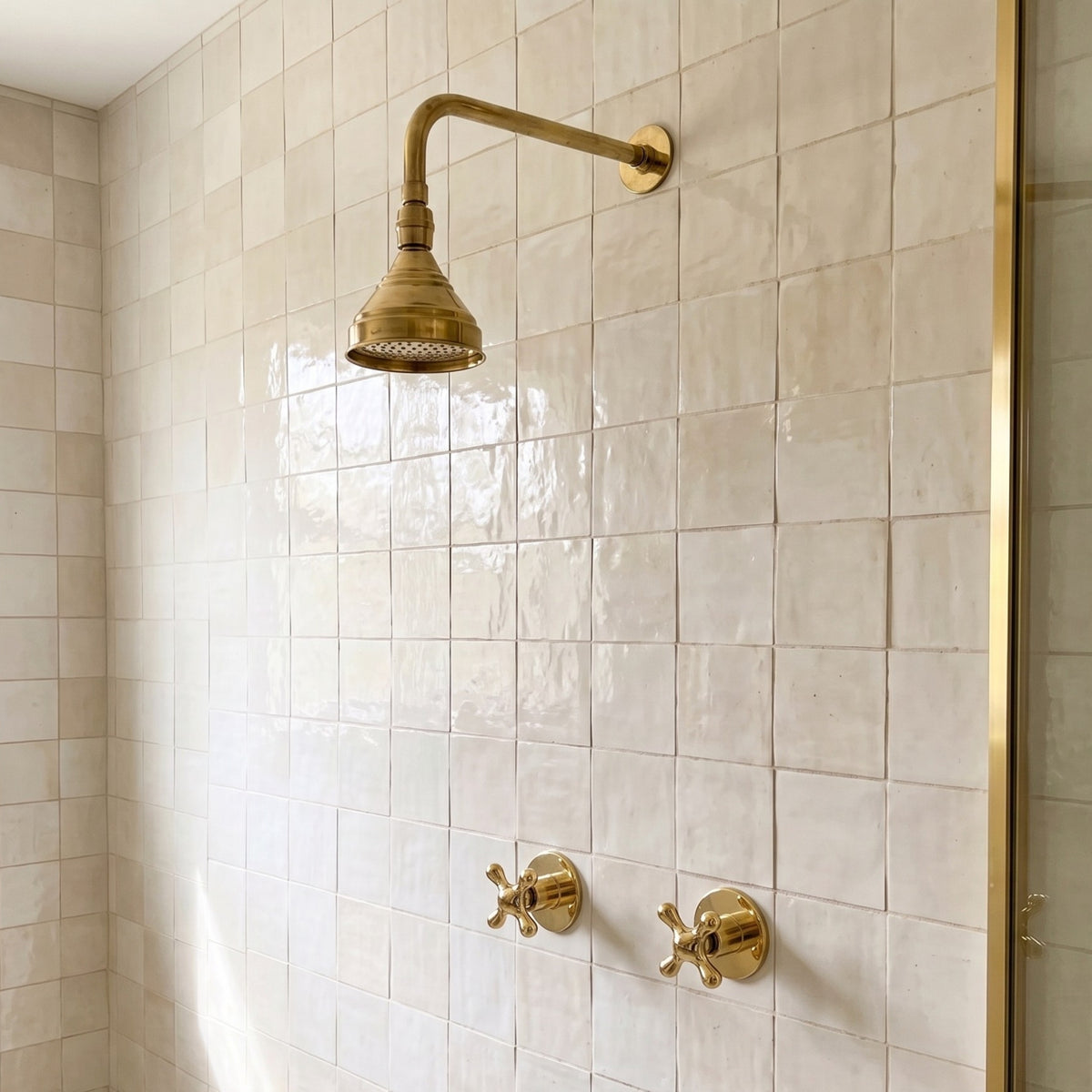 Unlacquered Brass Adjustable 4" Round Rain Shower System, Straight Arm
