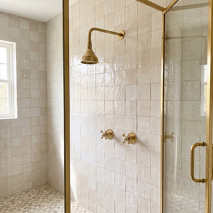 Unlacquered Brass Adjustable 4" Round Rain Shower System, Straight Arm
