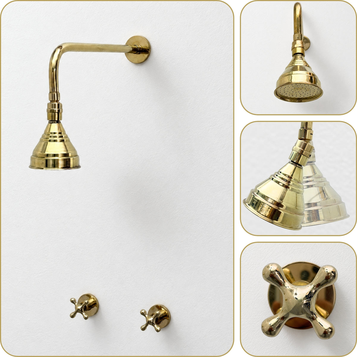 Unlacquered Brass Adjustable 4" Round Rain Shower System, Straight Arm