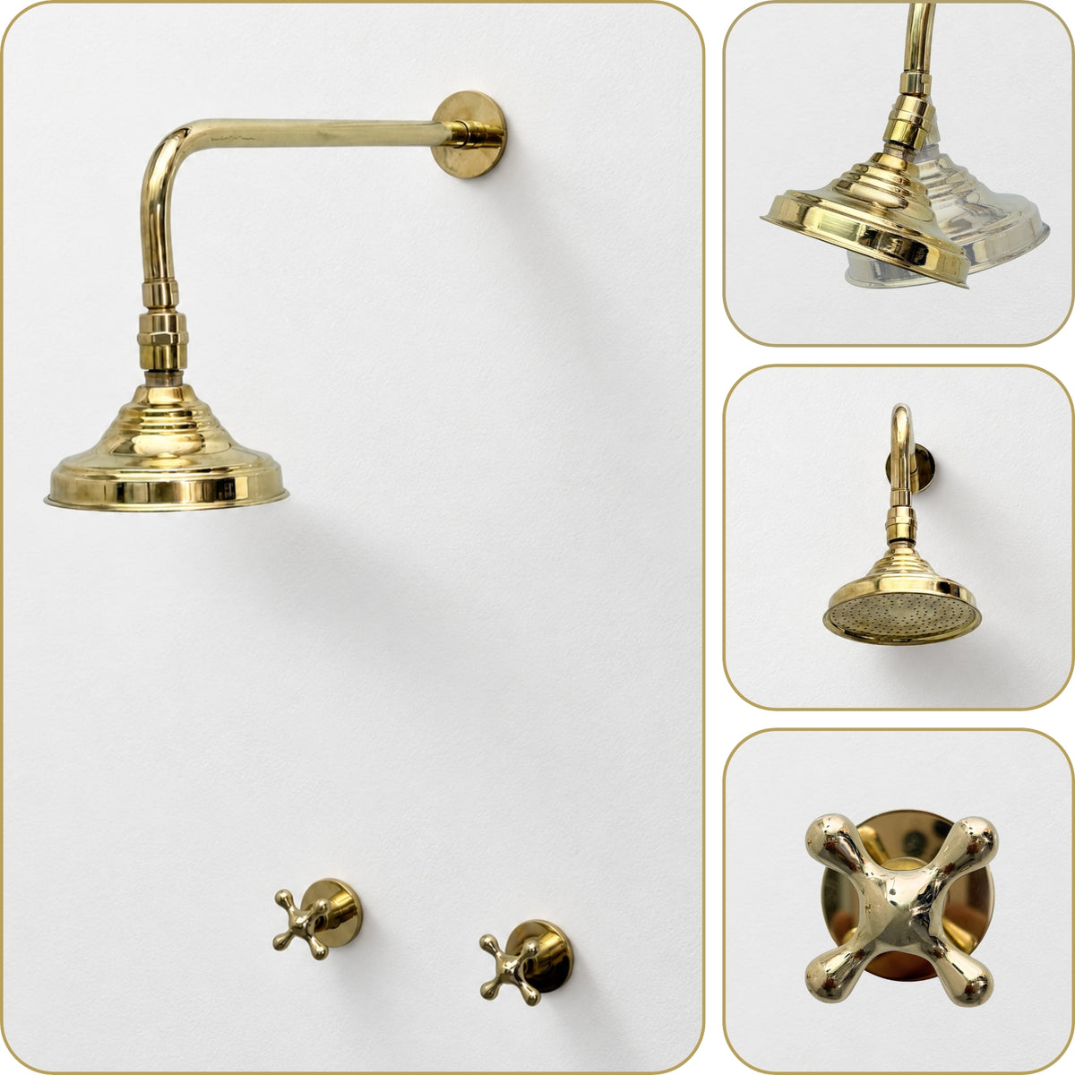 Unlacquered Brass Adjustable 6" Round Rain Shower System, Straight Arm