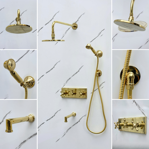 Unlacquered Brass Adjustable Round Rain Shower System with Handheld & Tub Filler — Straight arm (UBCSS-015) — detail view 3