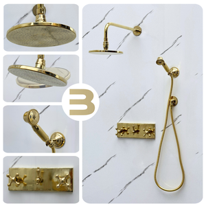 Unlacquered Brass Adjustable Flat Round Rain Shower System with Handheld — Straight arm (UBCSS-011) — detail view 3