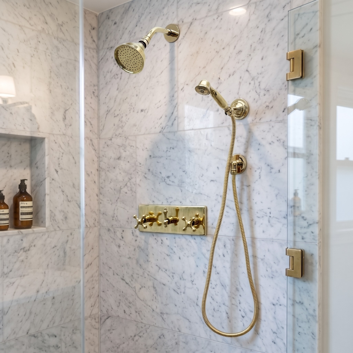 Unlacquered Brass Adjustable 4" Round Rain Shower System with Handheld, Short Arm