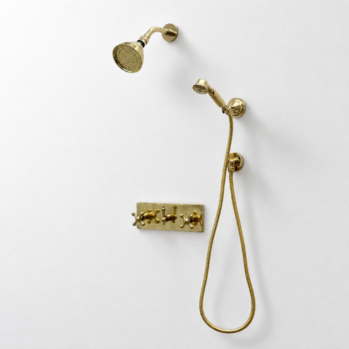 Unlacquered Brass Adjustable 4" Round Rain Shower System with Handheld, Short Arm
