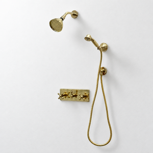 Unlacquered Brass Adjustable 4" Round Rain Shower System with Handheld, Short Arm