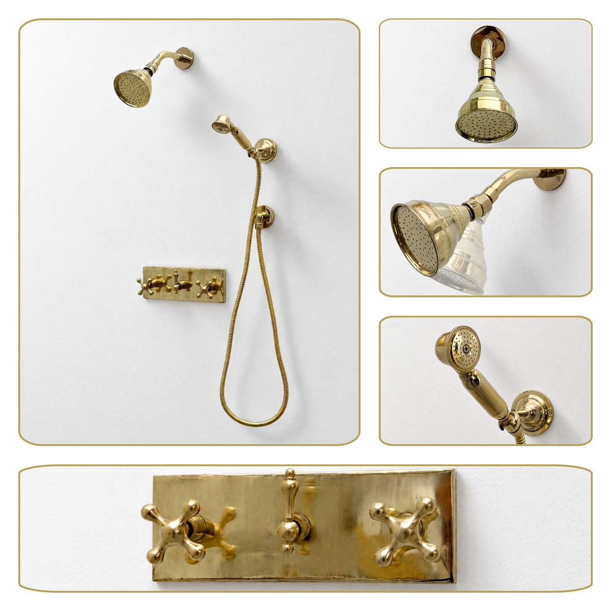 Unlacquered Brass Adjustable 4" Round Rain Shower System with Handheld, Short Arm