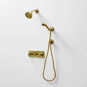 Unlacquered Brass Adjustable 4" Round Rain Shower System with Handheld, Short Arm