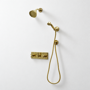Unlacquered Brass Adjustable 4" Round Rain Shower System with Handheld, Short Arm
