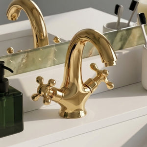 Unlacquered Brass Single Hole Bathroom Faucet with Cross Handles