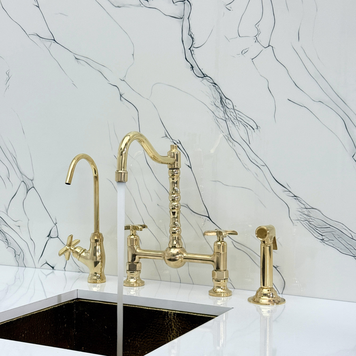 Unlacquered Brass Victorian Bridge Kitchen Faucet with Cross Handles – Pembroke – alternate view 5