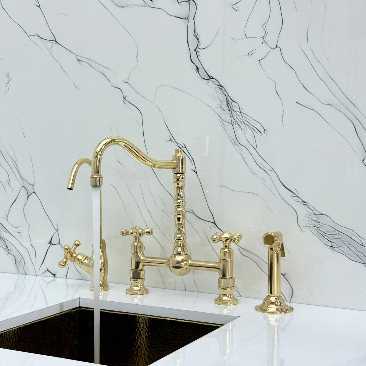 Unlacquered Brass Victorian Bridge Kitchen Faucet with Cross Handles – Pembroke – alternate view 3