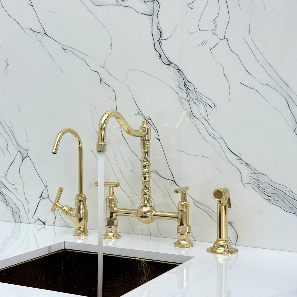 Unlacquered Brass Victorian Bridge Kitchen Faucet with Lever Handles – Pembroke – alternate view 2