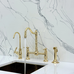 Unlacquered Brass Victorian Bridge Kitchen Faucet with Lever Handles – Pembroke – alternate view 4