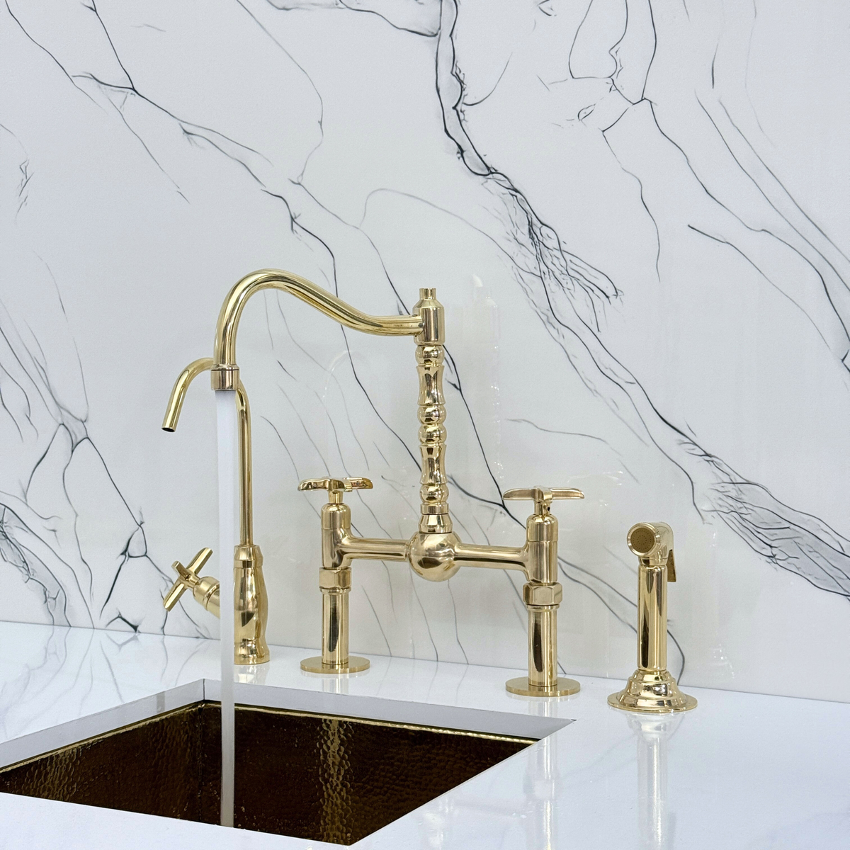 Unlacquered Brass Victorian Bridge Kitchen Faucet with Cross Handles – Kensington – alternate view 6