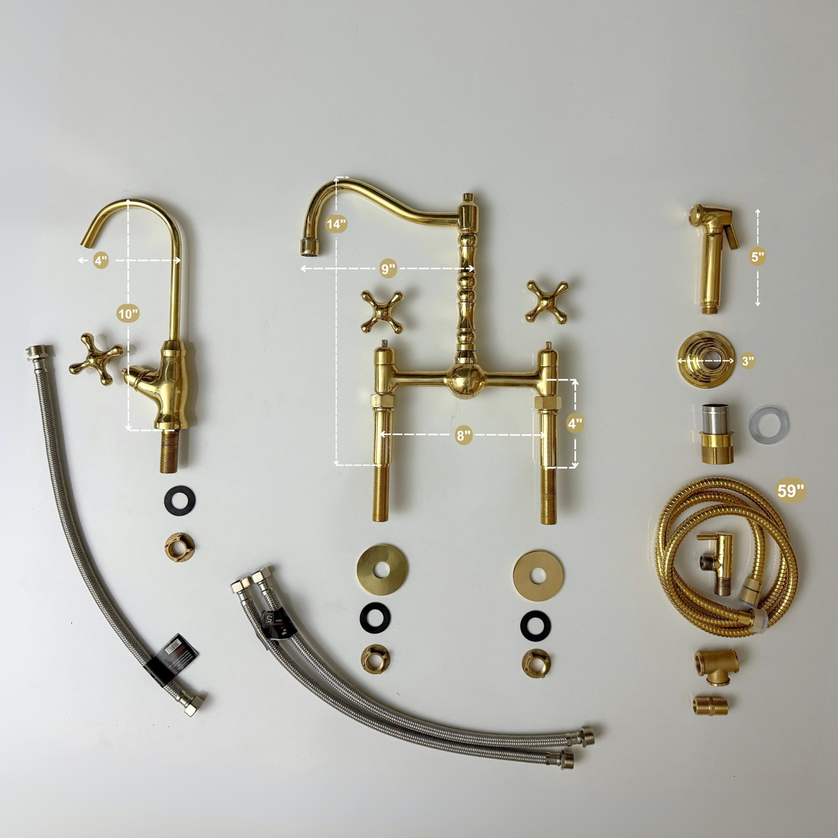 Unlacquered Brass Victorian Bridge Kitchen Faucet with Cross Handles – Kensington – alternate view 14