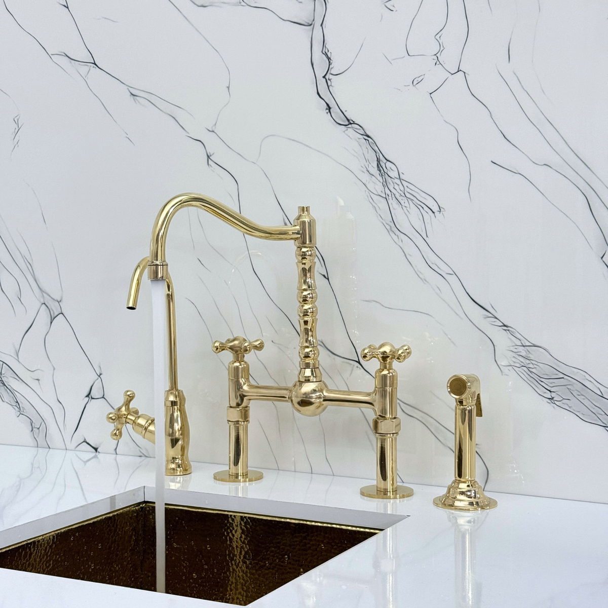 Unlacquered Brass Victorian Bridge Kitchen Faucet with Cross Handles – Kensington – alternate view 3
