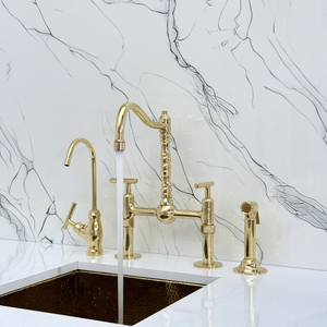 Unlacquered Brass Victorian Bridge Kitchen Faucet with Lever Handles – Kensington – alternate view 5