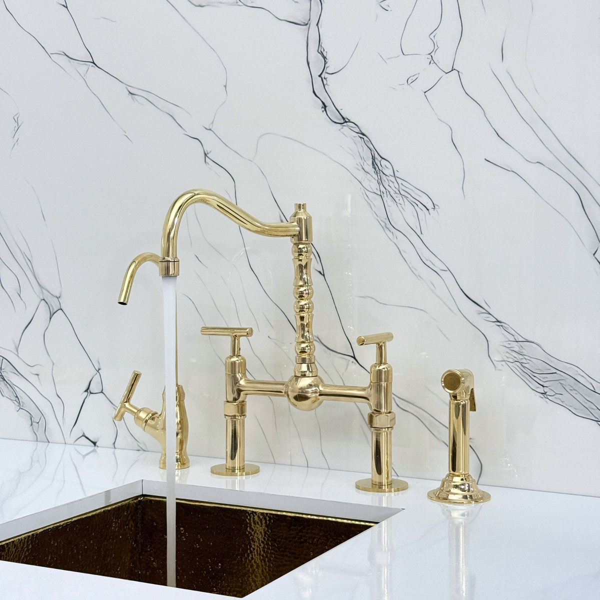 Unlacquered Brass Victorian Bridge Kitchen Faucet with Lever Handles – Kensington – alternate view 6