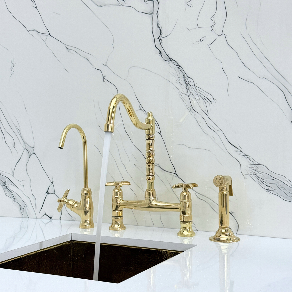 Unlacquered Brass Victorian Bridge Kitchen Faucet with Cross Handles – Alderley – alternate view 5