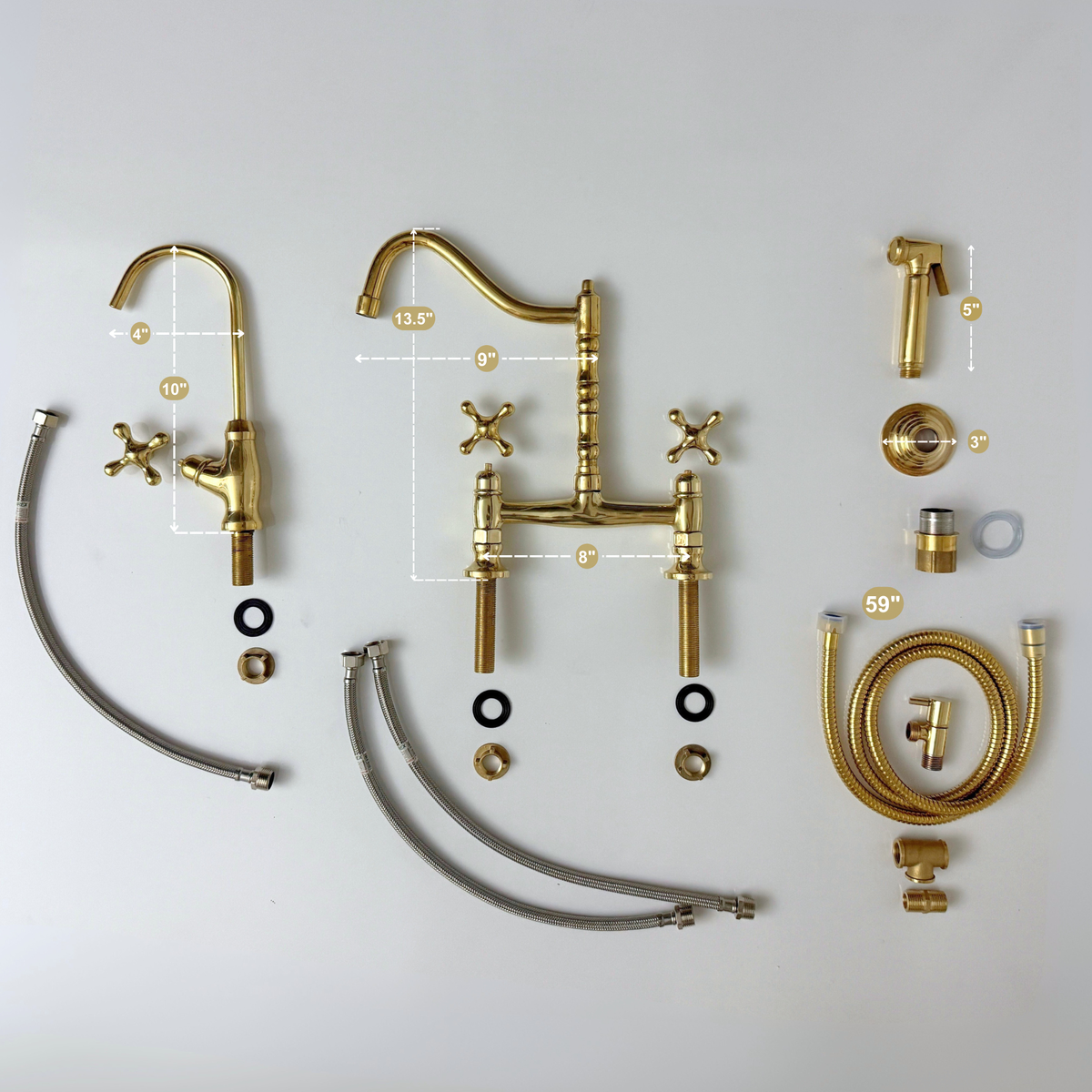 Unlacquered Brass Victorian Bridge Kitchen Faucet with Cross Handles – Alderley – alternate view 14