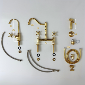 Unlacquered Brass Victorian Bridge Kitchen Faucet with Cross Handles – Alderley – alternate view 14