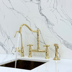 Unlacquered Brass Victorian Bridge Kitchen Faucet with Cross Handles – Alderley – alternate view 3