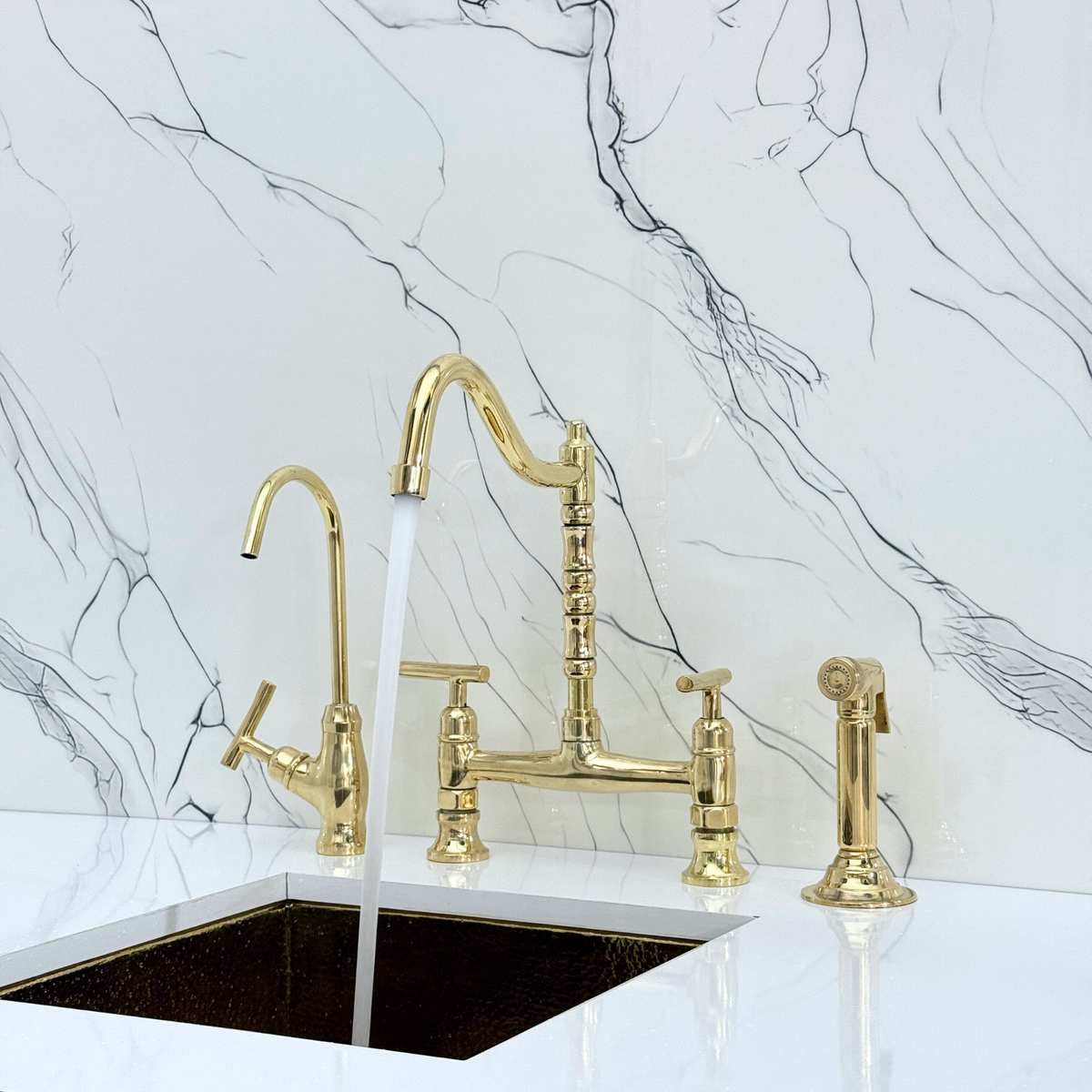 Unlacquered Brass Victorian Bridge Kitchen Faucet with Lever Handles – Alderley – alternate view 5
