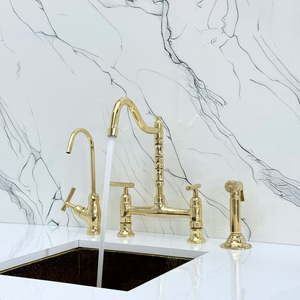 Unlacquered Brass Victorian Bridge Kitchen Faucet with Lever Handles – Alderley – alternate view 5