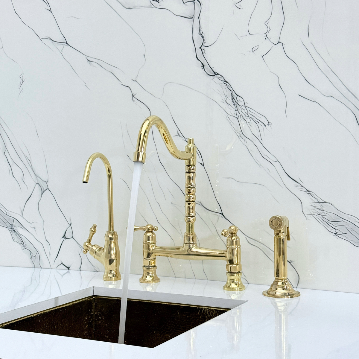 Unlacquered Brass Victorian Bridge Kitchen Faucet with Lever Handles – Alderley – alternate view 2