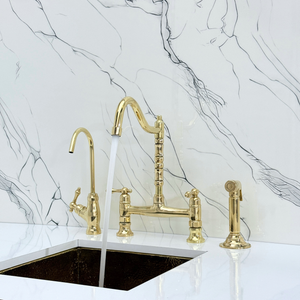 Unlacquered Brass Victorian Bridge Kitchen Faucet with Lever Handles – Alderley – alternate view 2
