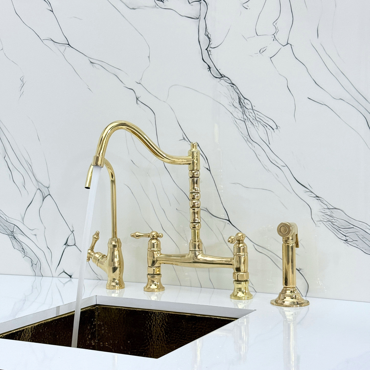 Unlacquered Brass Victorian Bridge Kitchen Faucet with Lever Handles – Alderley – alternate view 3