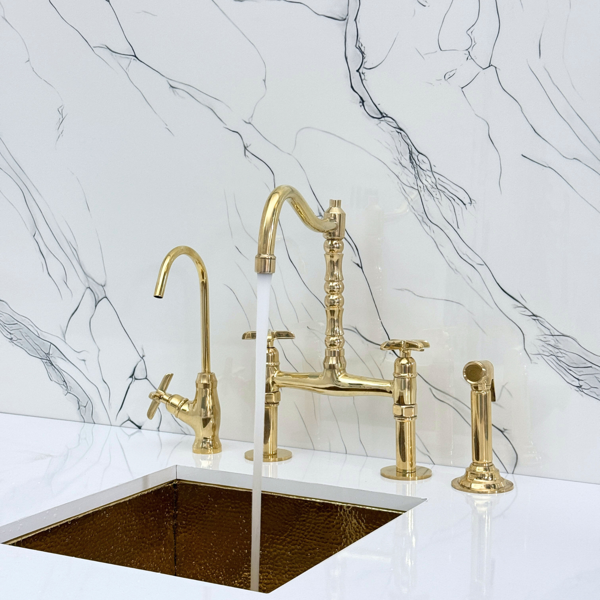 Unlacquered Brass Victorian Bridge Kitchen Faucet with Cross Handles – Beaumont – alternate view 4