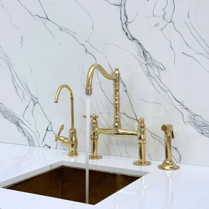 Unlacquered Brass Victorian Bridge Kitchen Faucet with Lever Handles – Beaumont – alternate view 2