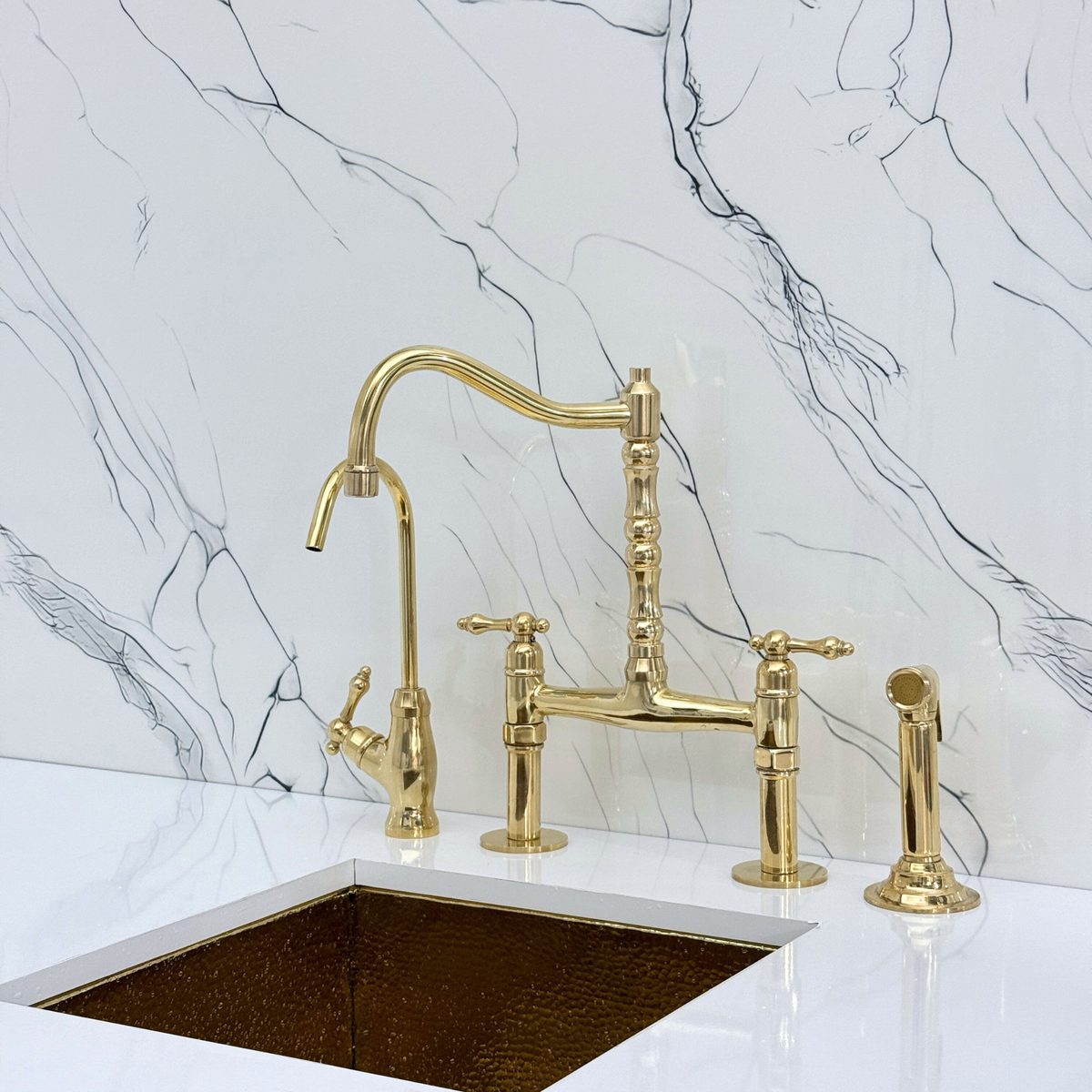 Unlacquered Brass Victorian Bridge Kitchen Faucet with Lever Handles – Beaumont – alternate view 3