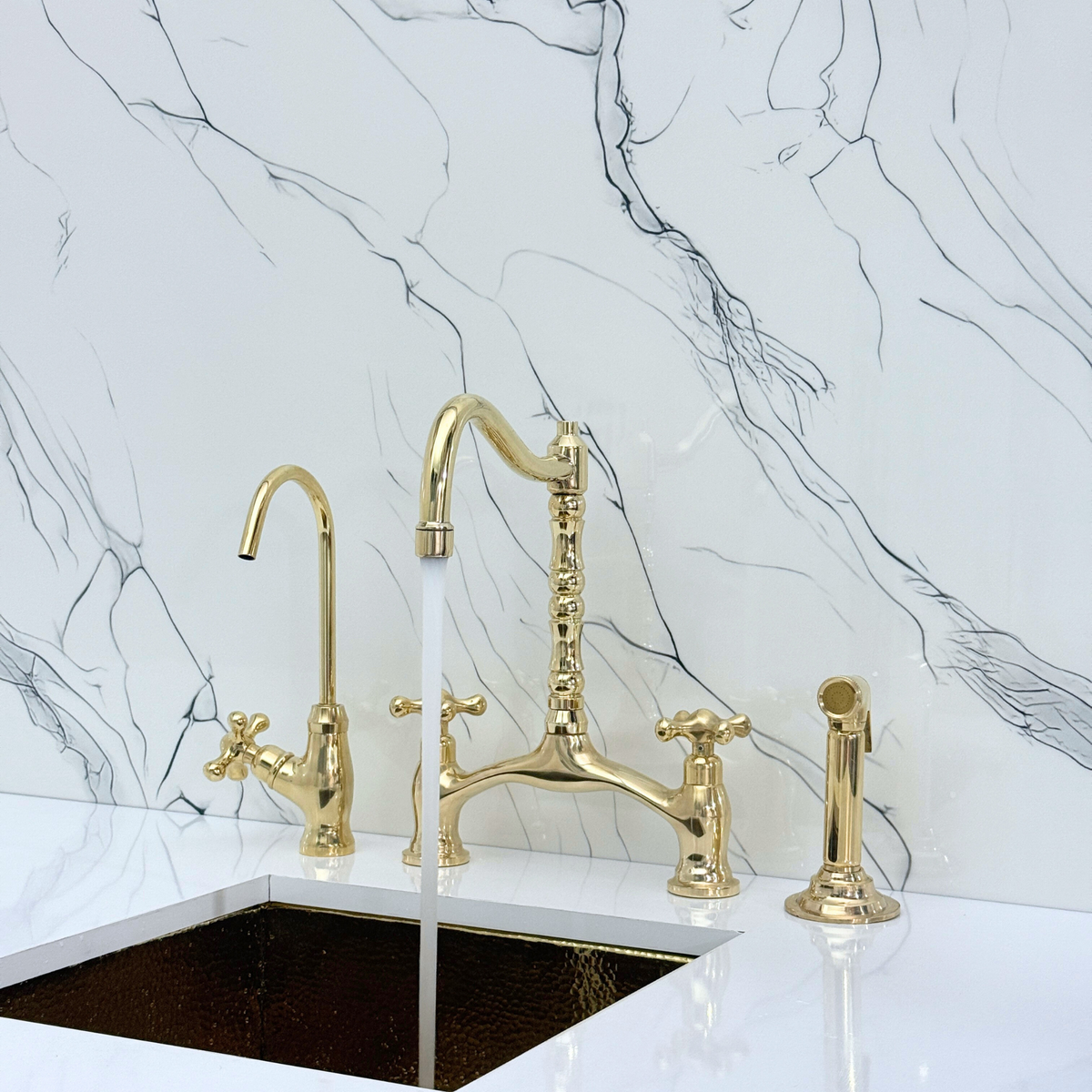 Unlacquered Brass Victorian Bridge Kitchen Faucet with Cross Handles – Finsbury – alternate view 2