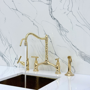 Unlacquered Brass Victorian Bridge Kitchen Faucet with Lever Handles – Finsbury – alternate view 6