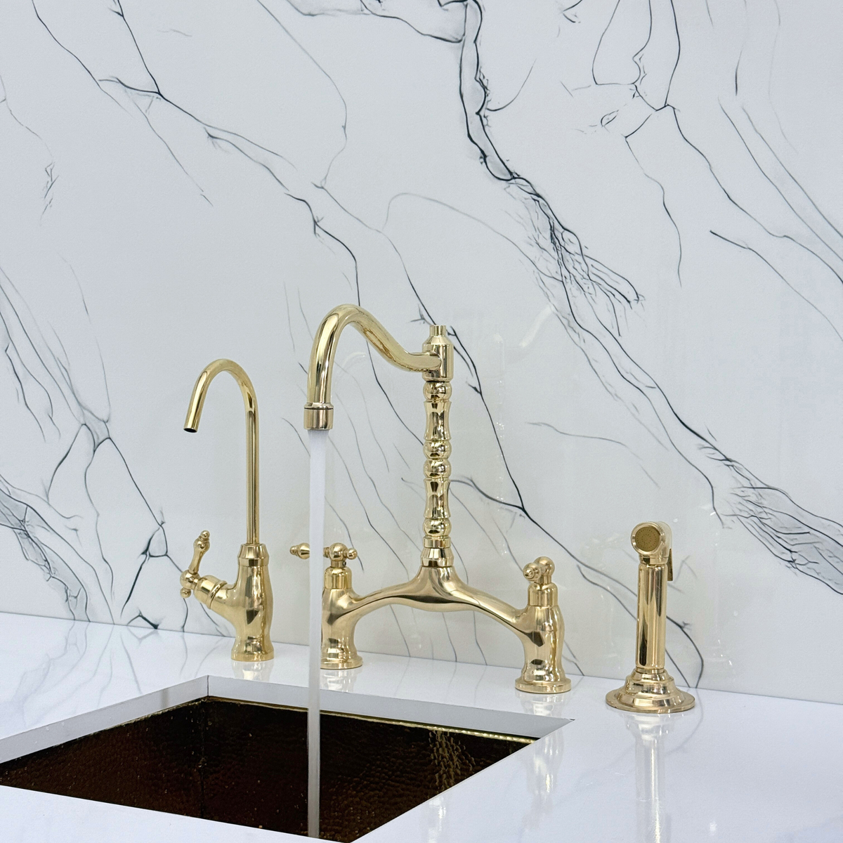 Unlacquered Brass Victorian Bridge Kitchen Faucet with Lever Handles – Finsbury – alternate view 2