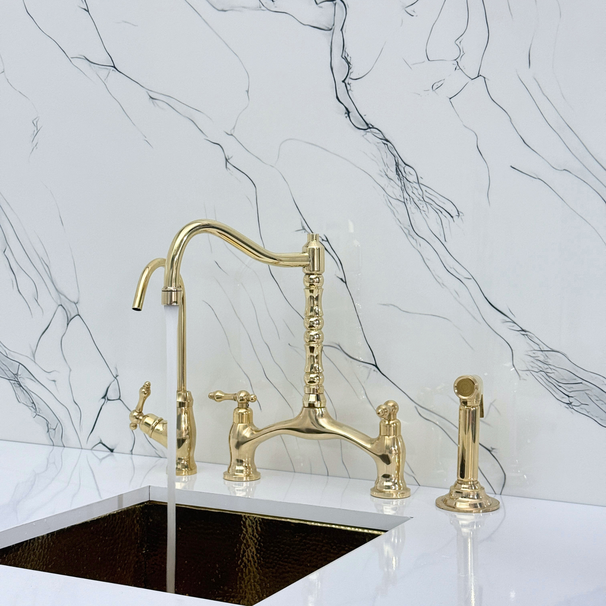 Unlacquered Brass Victorian Bridge Kitchen Faucet with Lever Handles – Finsbury – alternate view 3
