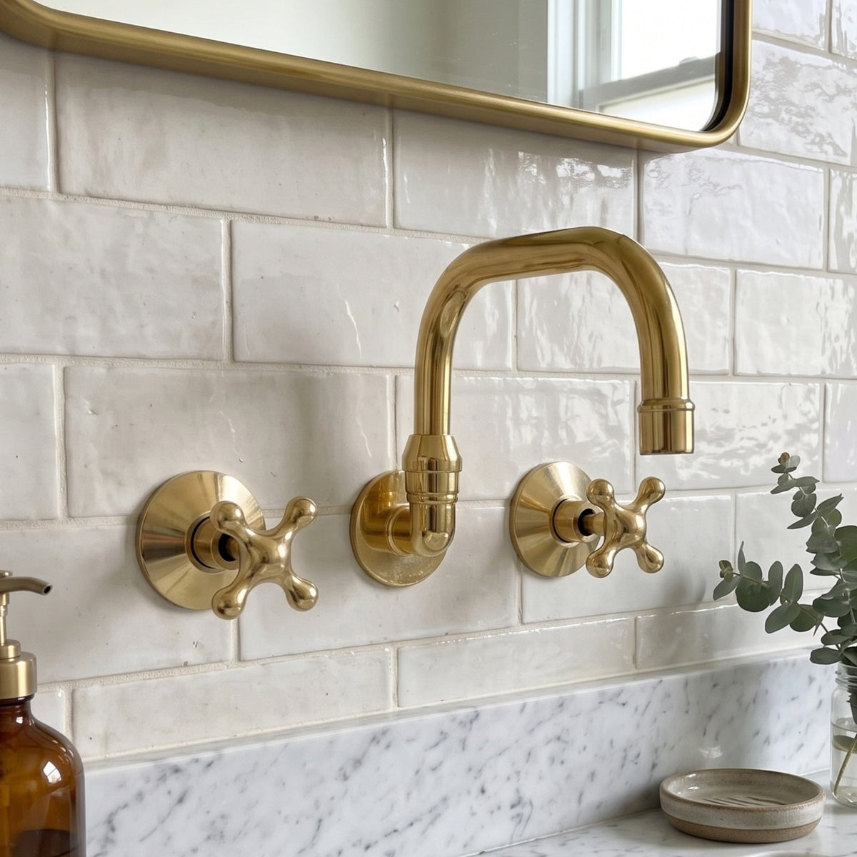 Unlacquered Brass Wall-Mount Bathroom Faucet with Cross handles