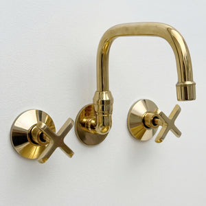 Unlacquered Brass Wall-Mount Bathroom Faucet with Cross handles