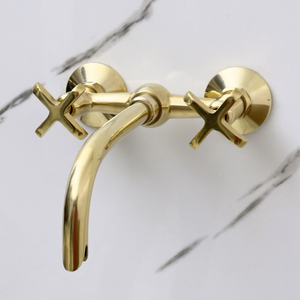 10" Ball-Center unlacquered brass wall faucet, 6" spread with cross handles – alternate view 7