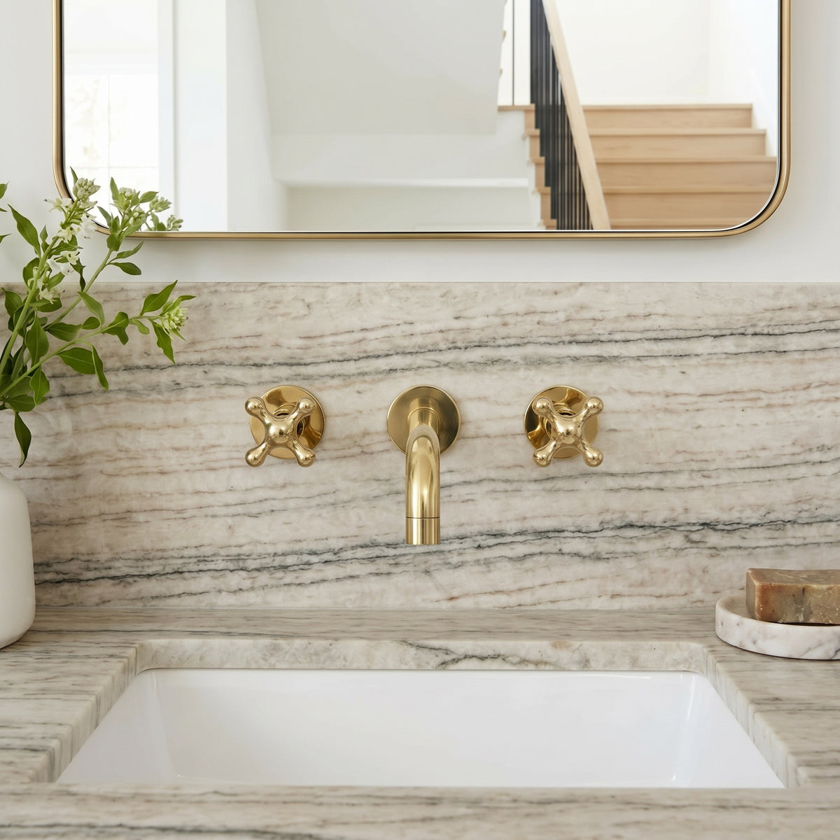 Unlacquered Brass Wall-Mount Faucet with Cross handles