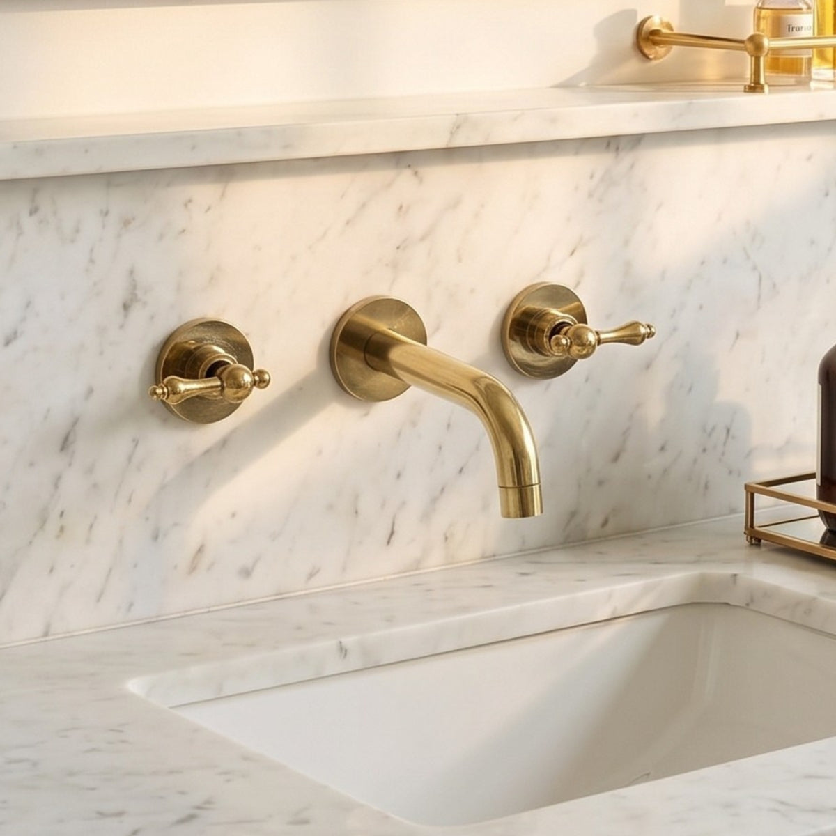 Unlacquered Brass Wall-Mount Faucet with Lever handles, Push-Up Drain & P-trap