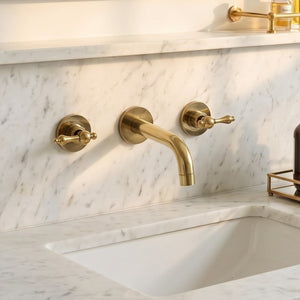 Unlacquered Brass Wall-Mount Faucet with Lever handles, Push-Up Drain & P-trap