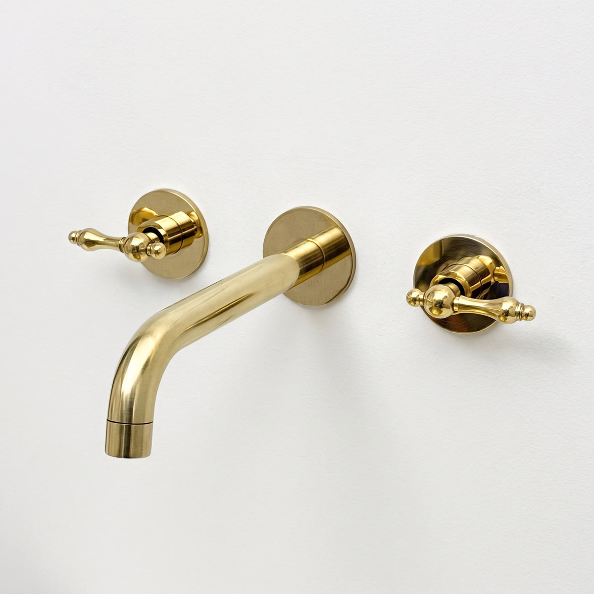 Unlacquered Brass Wall-Mount Faucet with Lever handles, Push-Up Drain & P-trap