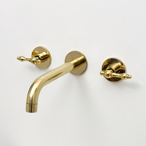 Unlacquered Brass Wall-Mount Faucet with Lever handles, Push-Up Drain & P-trap