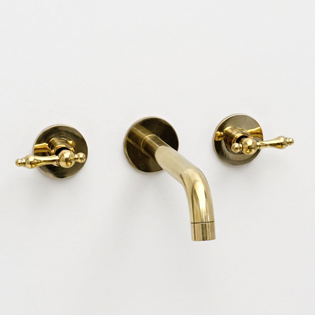 Unlacquered Brass Wall-Mount Faucet with Lever handles, Push-Up Drain & P-trap